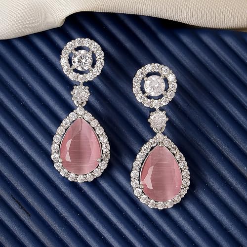 Image of Zeneme Fashion Rhodium Plated Brass Silver Toned Fancy Tear Drop Dangle Earring For Women and Gifts For Girls
