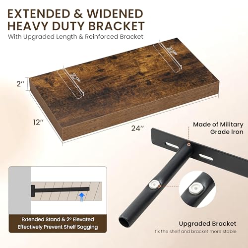 Image of Dreamland 24 inch Floating Shelves for Wall, 12 inch Deep Thicker Floating Shelves, Wall-Mounted Shelves for Bedroom, Living Room, Kitchen, Bathroom,Rustic Brown - Set of 2