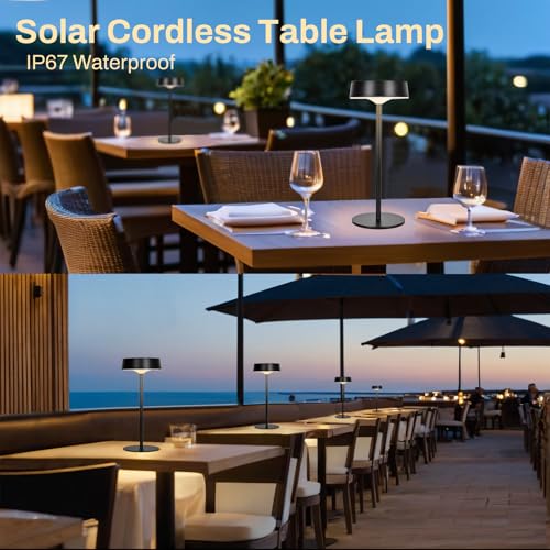 Cordless Solar Table Lamps Set of 2, 3CCT Dimmable Rechargeable Table Lamp, IP67 LED Outdoor Battery Table Lamp with Solar and Type-C Charging, Cordless Lamp for Garden, Bedroom