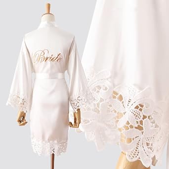 Women's Bride Bridesmaid Robe with Lace Trim Wedding Party Kimono Robes Soft Satin Bathrobe Getting Ready