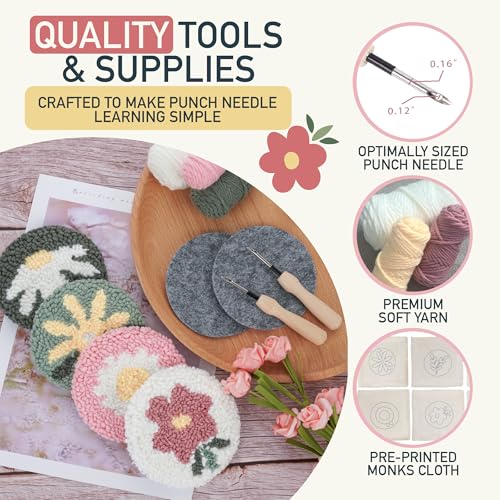 Image of Emri Lane Punch Needle Kit - 6 Floral Design Punch Needle Embroidery Kit w /Monk Cloth, Embroidery Hoop, Yarn & More - Essential Punch Needle Supplies for Crafters - Ideal Punch Art for Beginners