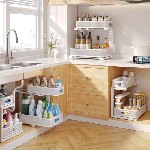 Image of 2 Pack Under Sink Organizer With Smooth Cylindrical Rail,2-Tier Pull Out Multi-Purpose Cabinet Storage for Bathroom&Kitchen,Height Adjustable,Rust-resistant Coating-White