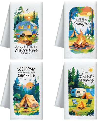 CUTHOLLOW Juego de 4 Paños de Cocina Divertidos, Elementos de Acampada Paños Cocina, Toallas Decorativas Microfibra para Cocina, Café, Bar, Hogar, Cumpleaños