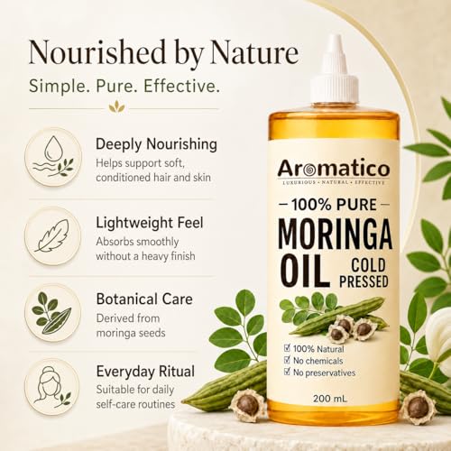 Image of AROMATICO Moringa Oil for Face, Hair and Body, Multipurpose Carrier Oil for Skincare, Scalp Massage, Dry Skin Care and Natural Glow Routine - 200ml