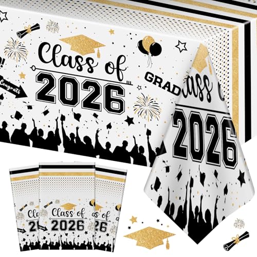 Image of Graduation Decorations Class of 2026 Tablecloth - 3 Pcs Plastic Congrats Grad Table Cloth, Graduation Table Cover for Graduation Party Decorations 2026 and Party Supplies, 54 inchx108 inch (Black and Gold)