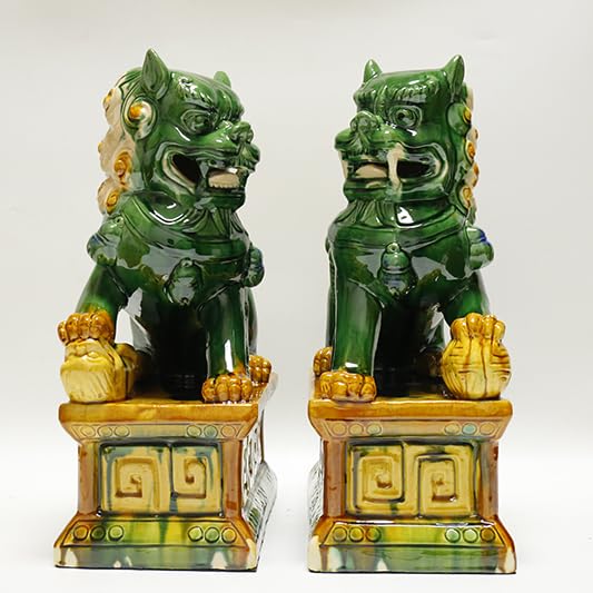 Estatua de Foo Dogs de cerámica artesanal color verde oscuro