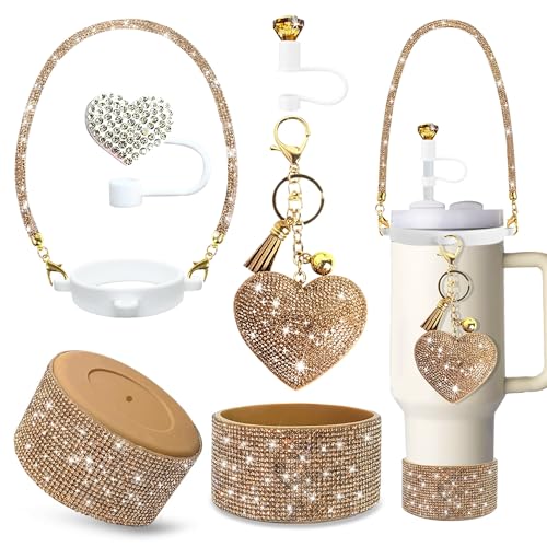 Mengayadi 6 Pcs Glitter Accessories Set For Stanley Tumbler 20&30 Oz Diamond Handle Strap Straw Covers Silicone Boot Charm(brown)