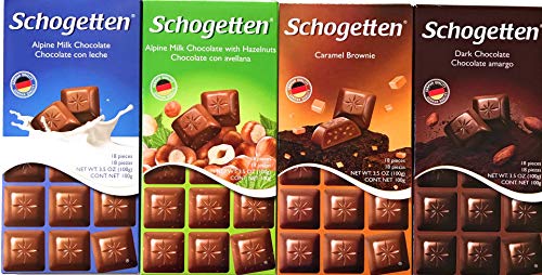 Schogetten German Chocolate Variety Pack Milk Chocolate, Caramel, Dark and Alpine Milk with Hazelnuts. Freshly imported from Europe (Bundle of 4)
