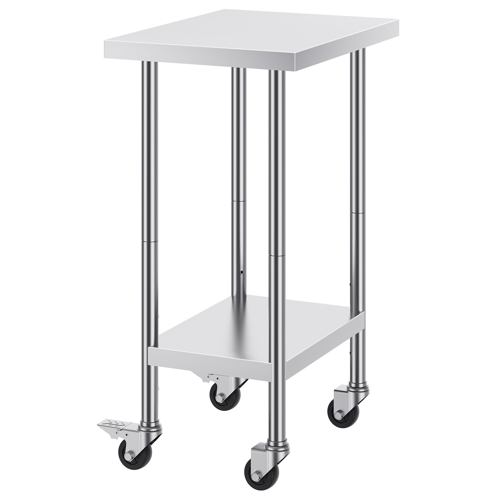 Happybuy 24x18x38 Inch Stainless Steel Work Table with 4 Wheels, 3 Adjustable Heights, Heavy Duty Food Prep Worktable for Commercial Kitchen, Restaurant, Silver