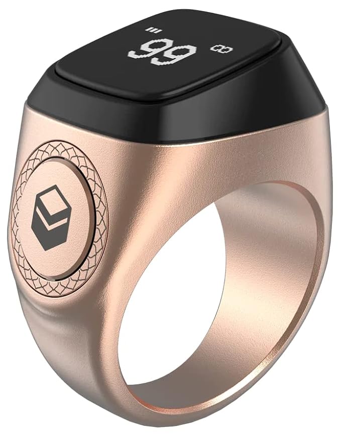 Produktbild von IQibla Smart Zikr Ring – Digitaler Tasbih-Zähler Mit OLED-Display, Vibrationsalarm Für 5 Gebetszeiten, Bluetooth & App, 18 Mm Curry