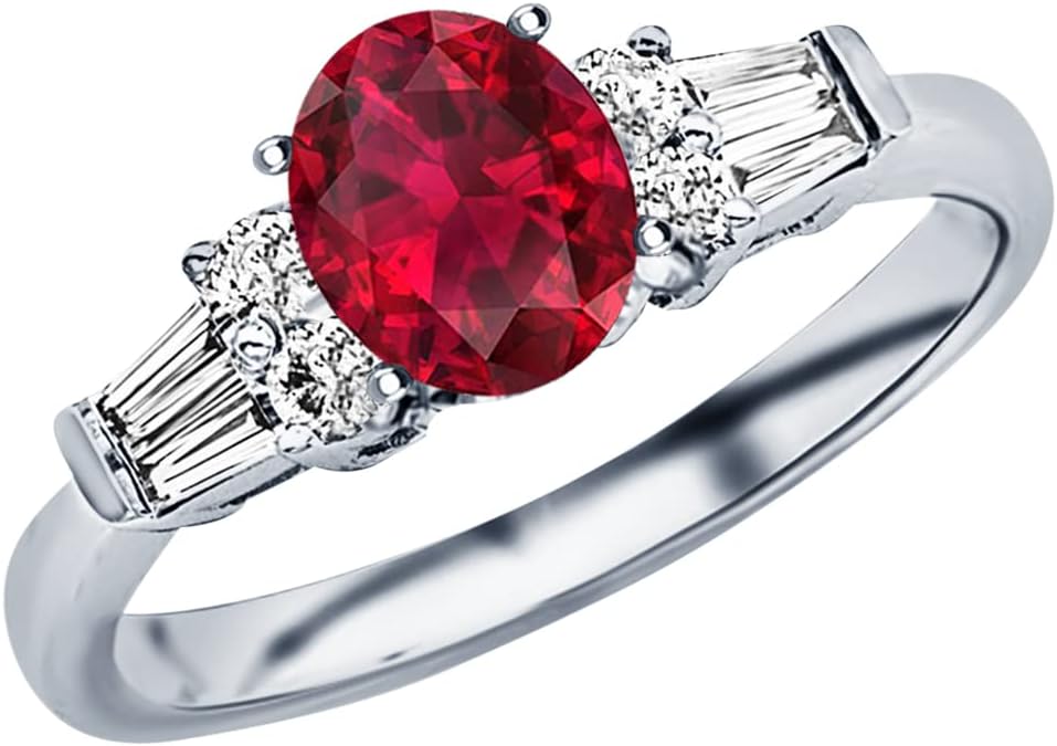 Houston Diamond District 1.08 Carat Traditional Classic Baguette Round Oval Cut Ruby Diamond Engagement Ring (0.75 Ct Center Heirloom Quality AAA+)