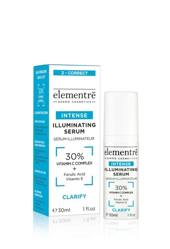 Elementre 30% vitamina C siero illuminante – 30 ml – per una carnagione brillante e anti-invecchiamento – siero schiarente per pelli normali, secche e sensibili, vitamina C, acido ferulico