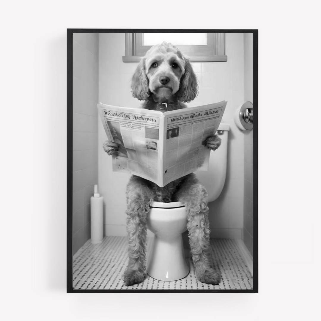 Gfc Black White Funny Bathroom Toilet Animal Print Picture Poster Cockapoo Cavapoo 1 Dog On A Toilet Reading Newspaper A4 Unframed Wall Art Home Decor Decorating