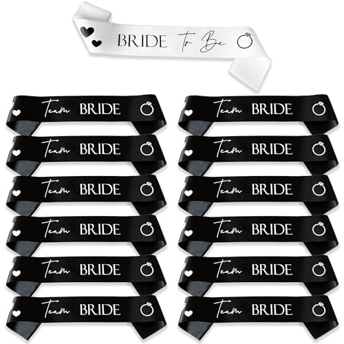 15 Pieces Hen Party Accessories Sashes Sets (14x Team Bride Black 1x Bride to Be White) Black with White Text Satin Sash Set for Women Girls Wedding Bachelorette Parties