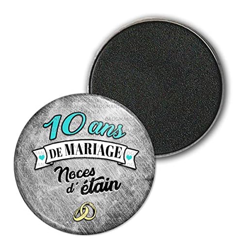 Badgmania Magnet Aimant | Anniversaire 10 Ans de Mariage Noces d'Etain | 3.8cm | Anneaux Mariage