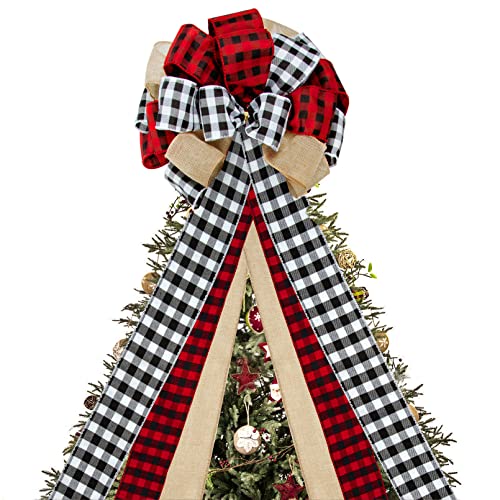 Christmas Tree Topper Bow, 37.4 X 12.6 Inch Buffalo Plaid Christmas Tree Topper With Red & Black Burlap, Handmade Tree Toppers Christmas Decor For Holiday Party Wreath Door Farmhouse Home Decorations #TOP9