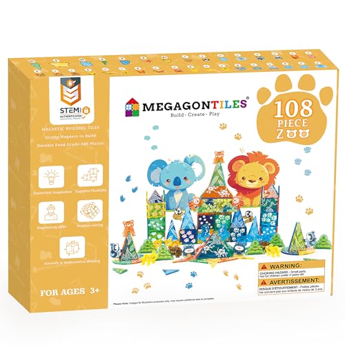 MEGAGONTILES Zoo Animals 108-Piece Magnetic Tiles Set