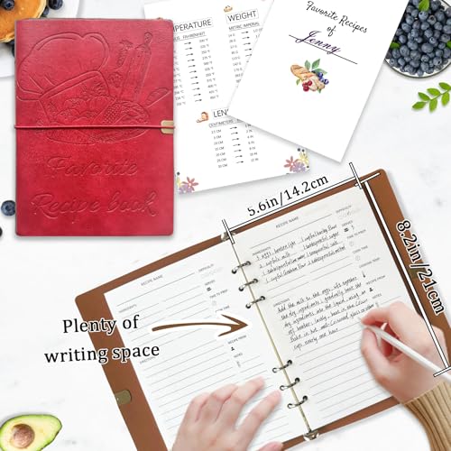 Image of leeveel Blank Recipe Book to Write in Your Own Recipes, 5.6 X 8.2 Recipe Ring Binder with PU Leather Cover, Recipe Journal with 160 Recipes (red)