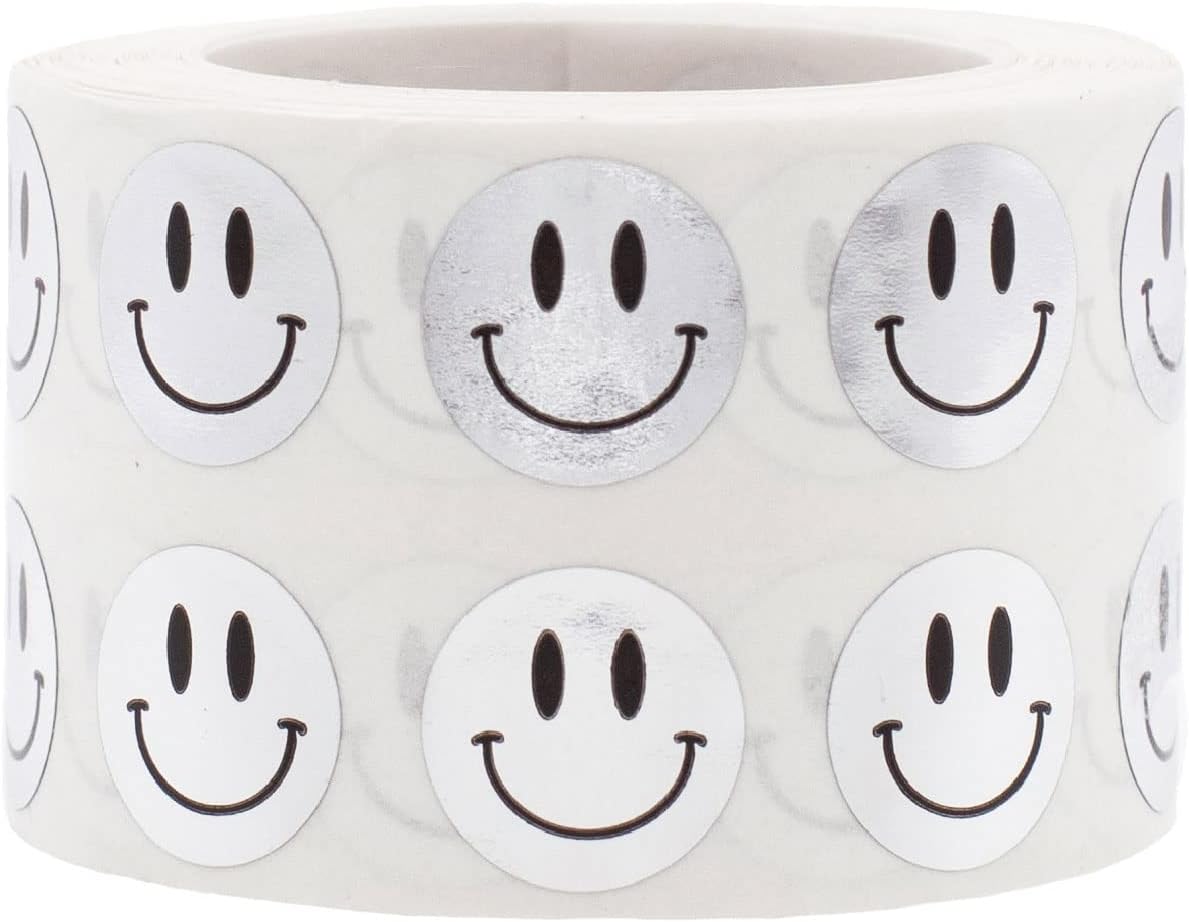 1/2" Inch Small Metallic Silver Happy Face Labels, 1,000 Total Adhesive Stickers on a Roll, Perfect for Kids Classroom Incentives, Motivational Chart Use