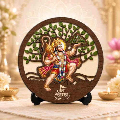 Image of Hanuman Ji Premium Wooden God Idol for Indoor Temple, Living Room Shelf, Work Desk & Puja Decor - 5x5 Inch