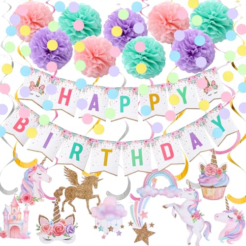 Unicorn Birthday Decorations, Happy Birthday Banner,9pcs Tissue Paper Pom Poms,10pcs