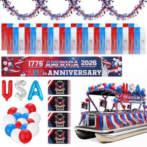 Acostop 74pcs 250th Anniversary Decorations Set - Flags & Banner & Latex Foil Balloons & Fringe Curtains & Garlands 4th of July Decorations for Parade Float Boat Golf Cart Outdoor Porch Party