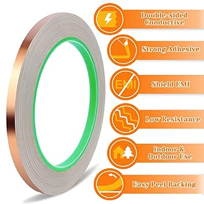 10 Pack Copper Tape with Double Side Conductive Adhesive,Copper Foil Tape Self Adhesive EMI Shielding,Paper Circuits,Electrical Repairs,Guitar Repairs,Grounding,Stained Glass,Crafting(1/4x21.9yards)