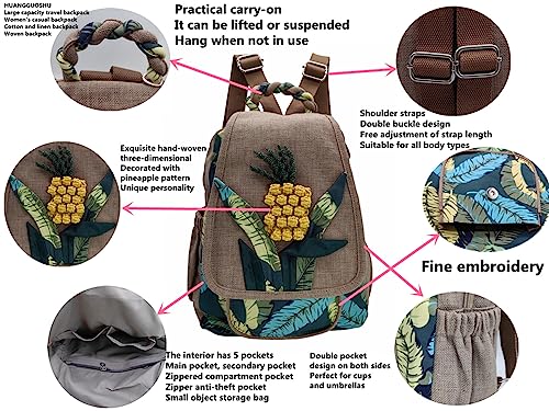 Image of Womens Cotton Hemp Cloth Backpack Boho Vintage Embroidered Casual Purse Handbags Messenger Bag Pineapple