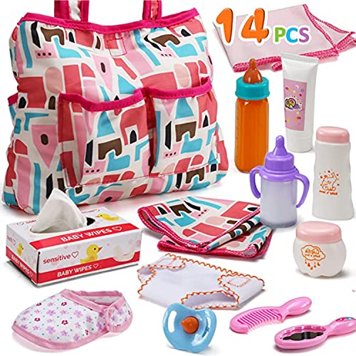 YeoNational&Toys 14-teiliges Babypuppen-Zubehörset, Fütter- & Pflege-Set mit Windeltasche, Puppenwindel, magischen Fläschchen, Wickelauflage, ideal für kleine Mädchen & Rollenspiele, Geburtstags Cover