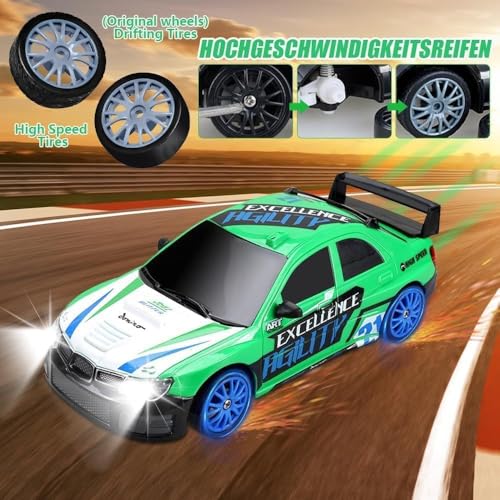 Image of Rc Drift Remote Control Car 1:24 Scale, High-Speed, 4Wd, Led Lights, Rechargeable Racing Car, Drifting Tires, 2.4Ghz, for Kids (1:24 RC Drift - Green)