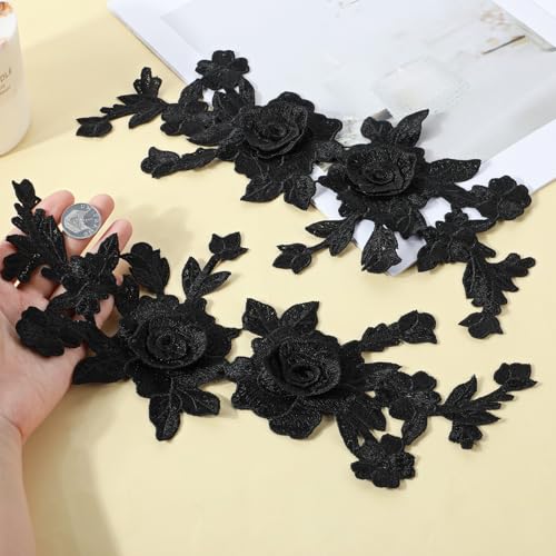 2 Pcs Black Embroidered Floral Appliques Embroidered Iron on Patch Rose Sew on Patches for Jeans Sweater Hats Shoes Bags DIY Sewing Crafts - Thumbnail 4