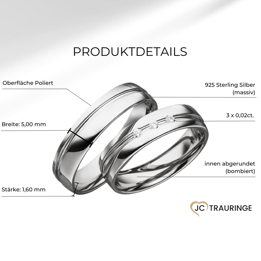 JC Trauringe 925er Sterling Silber Paar-Preis I Eheringe mit kostenfreier Gravur I Partnerringe 5 mm breit inkl. Etui I Damen-Ring mit Zirkonia-Steinen I Größe 48 bis 72 I S052