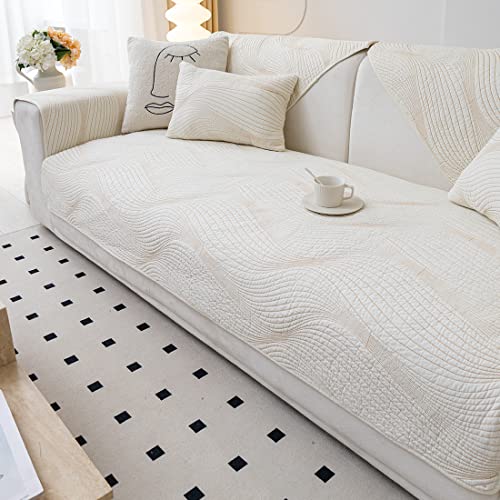 Vctops Cotton Quilted Sofa Couch Boho Wave Pattern Embroidery Sectional Couch Covers Solid Color Non Slip Sofa Slipcover Furniture Protector For Dogs Kids, 1 Piece/Not All Set (Beige,27"X27") #TOP5