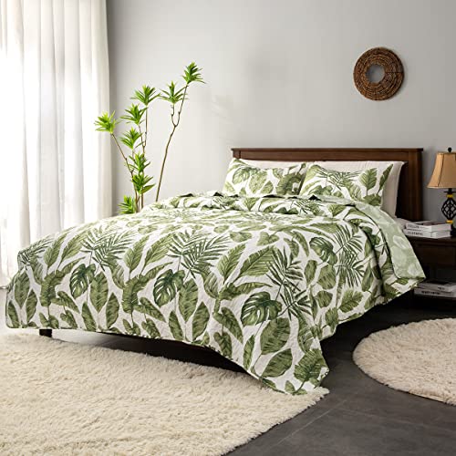 HORIMOTE HOME Tropical Plants Quilt Set Queen Size 3 Pieces, Green Palm Leaves Rainforest Style Fine Printed Reversible Bedspreads Bedding Sets, Soft and Lightweight Bed Coverlet for All Season