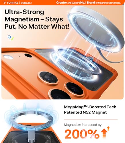 Image of TORRAS Strong Magnetic & Seamless Stand for iPhone 17 Pro Case, Neon Orange | Fit for MagSafe, Adjustable Kickstand, Shockproof Case for iPhone 17 Pro Phone Case with Kickstand, Slim, Translucent