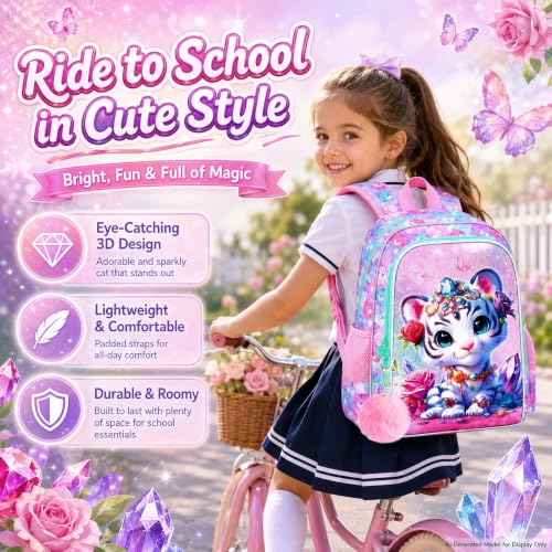 Image of 16 inch Girls Backpack, 16 inch Kids Bookbag with Lunch Box，Tiger School Backpacks for Elementary Preschool Kindergarten (Pink)