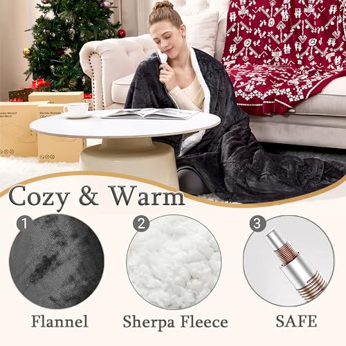 Electric Heated Blanket Throw,Electric Throw with 4 Heat Settings & 4 Hours Auto-Off Timer, LCD Display,Grey Heating Blanket Flannel Sherpa for Sofa and Bed,160 * 120CM