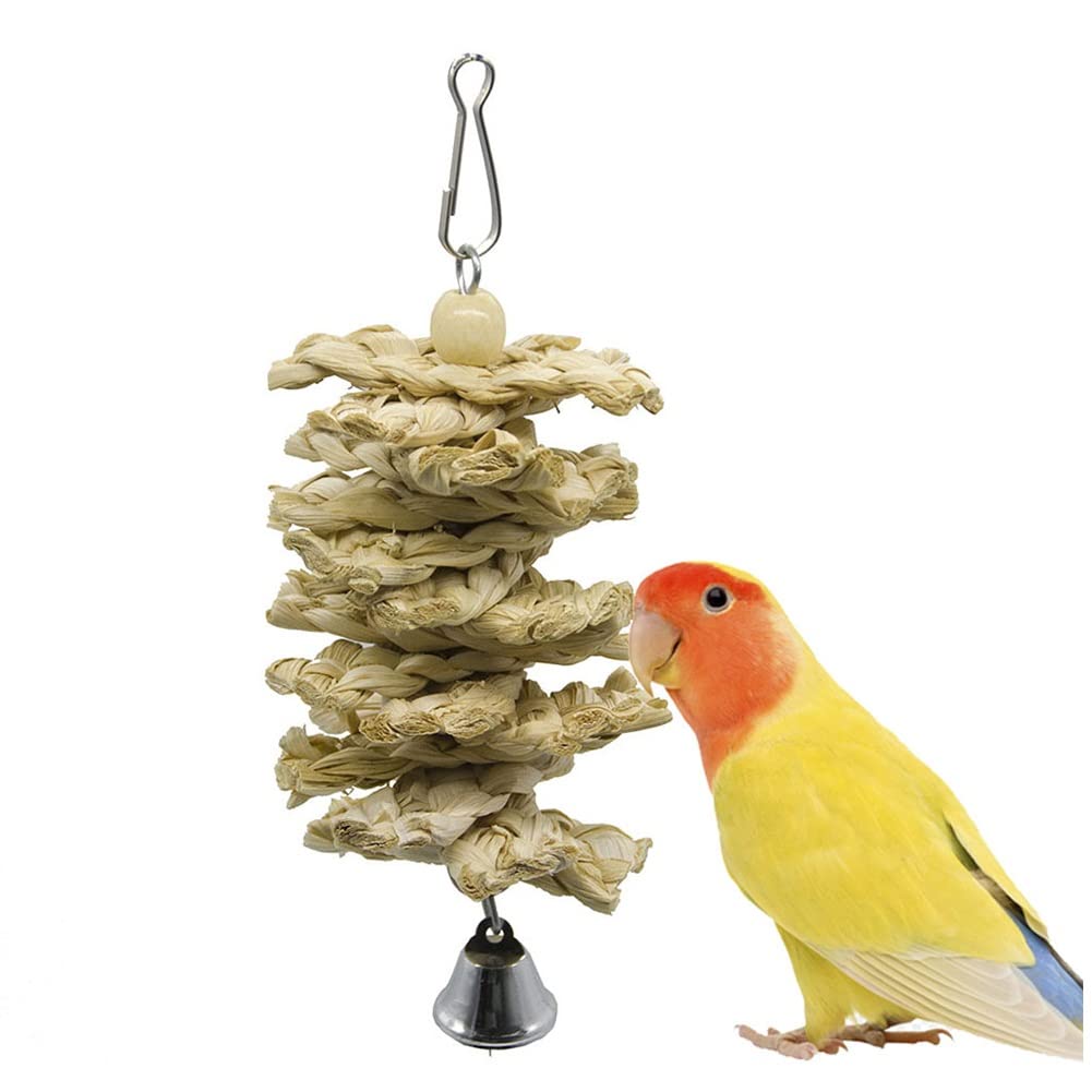 ArinkO Juguete para Masticar con Forma de Casco de maíz Natural, de Madera, para pájaros, Loros, Columpio, Escalada y mordida con Campana, Juguete para Colgar en Jaula