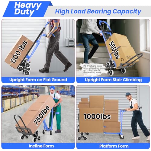 Image of 1000LBS Convertible Hand Truck, Heavy Duty Foldable Aluminum Stair Climbing Dolly with Solid Wheels for Moving /Office /Travel (Blue)