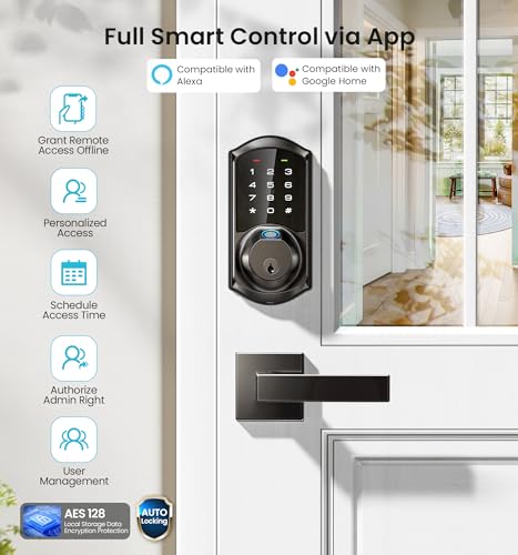 Veise VE07-L Fingerprint Smart Locks for Front Door with Zinc Alloy Handle Set, App Control, Keyless Entry, Electronic Digital Keypad Deadbolt, Auto Lock, Waterproof, Easy to Install, Matte Black