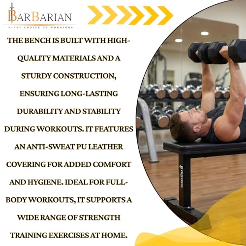 Image of BARBARIAN Flat Gym Bench for Home Workout, Heavy Duty Steel Frame, 290kg Capacity, Multipurpose Fitness Bench Press for Strength Training, Anti-Slip Base & PU Leather Padding, Black