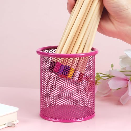 Image of Metal Mesh Pen Stand for Office & Home Desk | Black Stationery Holder Organizer for Pens, Pencils, Markers, Makeup Brushes | Durable Round Wire Mesh Pen Stand (Pack of 1) (Pink)