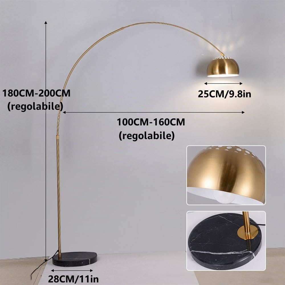 KSHSAA Lampada da terra ad arco in metallo Luci da pavimento per interni dorate sopra il divano Lampada da terra ad arco alta per camera da letto, ufficio, soggiorno (altezza regolabile)
