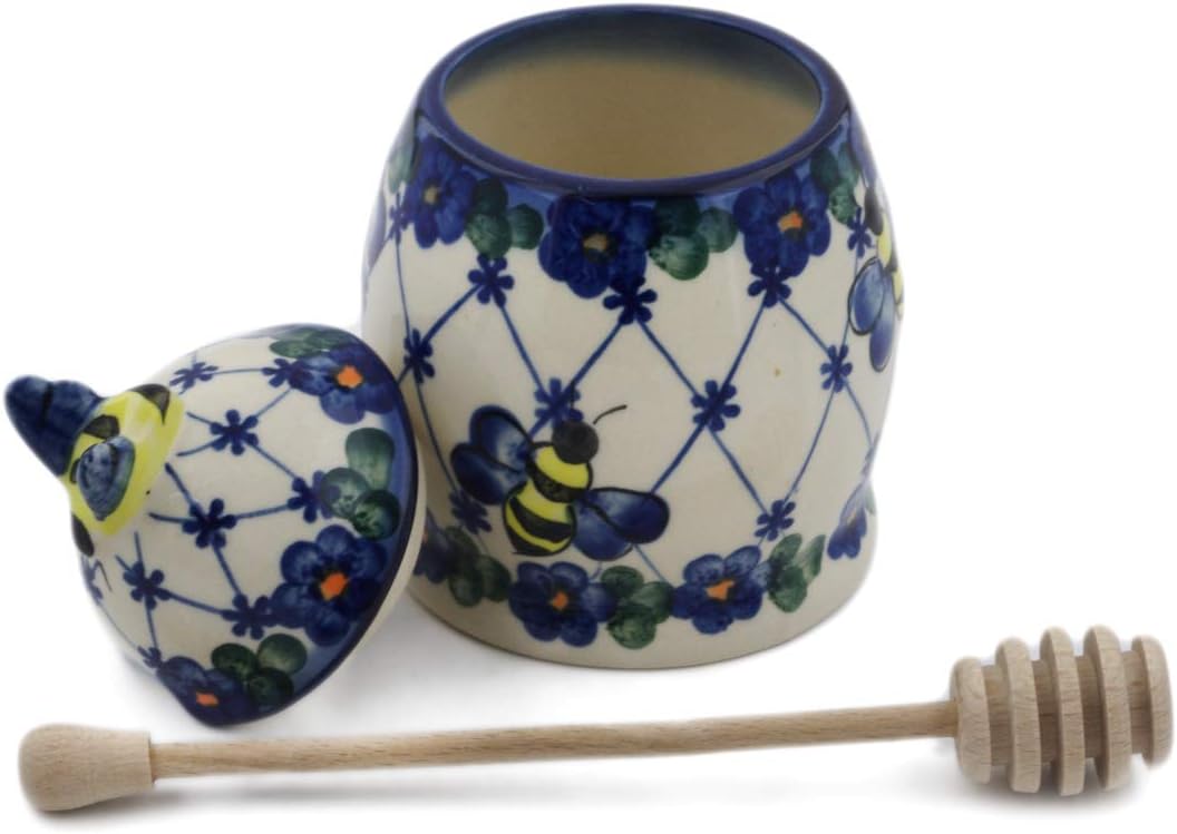 Polmedia Polish Pottery 5-inch Stoneware Honey Jar with Dipper H1581F Hand Painted from CER-RAF in Boleslawiec Poland. Shape S461D(398) Pattern P5707A(K4) Unikat