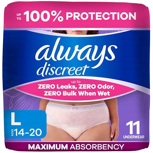 Image of Always Discreet Reimagined Adult Diapers for Women, Maximum Absorbency Incontinence and Postpartum Underwear Size L, Up to 100% Leak Free Bladder Leak Protection, 11 Count