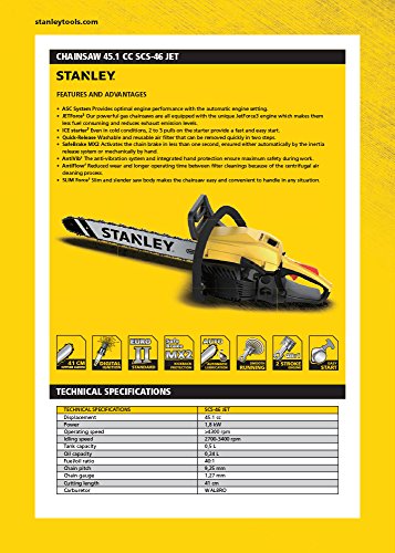 Stanley JET Benzin Kettensäge 46cc SCS-46Jet Schnittlänge 41cm, SCS-46 JETA, Gelb – Bild 6