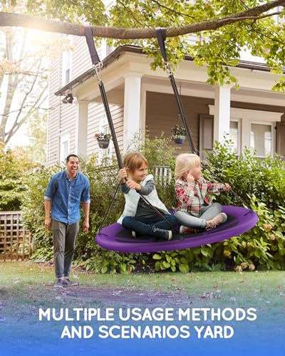Image of Everyfun 43 inch Saucer Tree Swing for Kids Adult, 700lbs Weight Capacity, Waterproof Flying Saucer Swing with Adjustable Hanging Straps, Swing Seats for Backyard Outdoor Indoor Playground, Purple