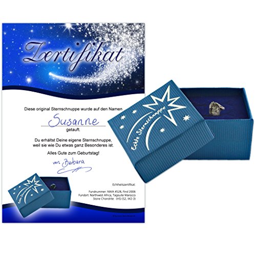 Echte Sternschnuppe in Geschenkbox mit Widmung zum Geburtstag - Meteorit mit Echtheitszertifikat und Taufzertifikat, 21 x 3.5 x 15 cm