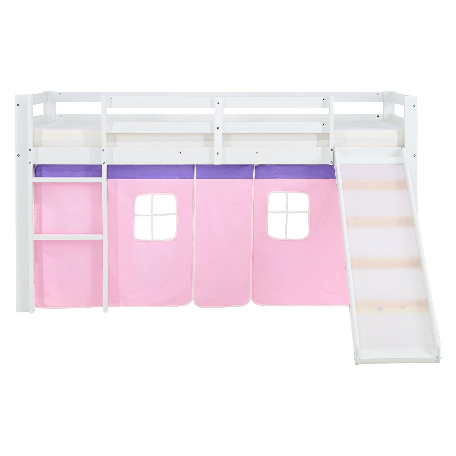 Homestyle4u Kinderbett Hochbett aus Massivem Kiefernholz mit Rutsche Rosa, 90 x 200 cm, Weiß Lackiert, mit Vorhang aus Baumwolle