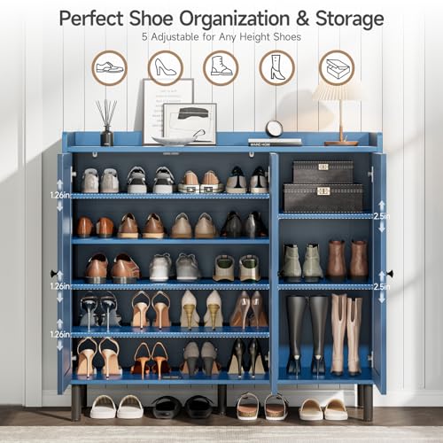 Image of ONBRILL Shoe Cabinet with 3 Doors and Adjustable Shelves, 30 Pairs Shoe Storage Cabinet, 40 Inch Tall Farmhouse Shoe Rack Shoe Organizer Cabinet for Entryway Living Room Closet, Blue
